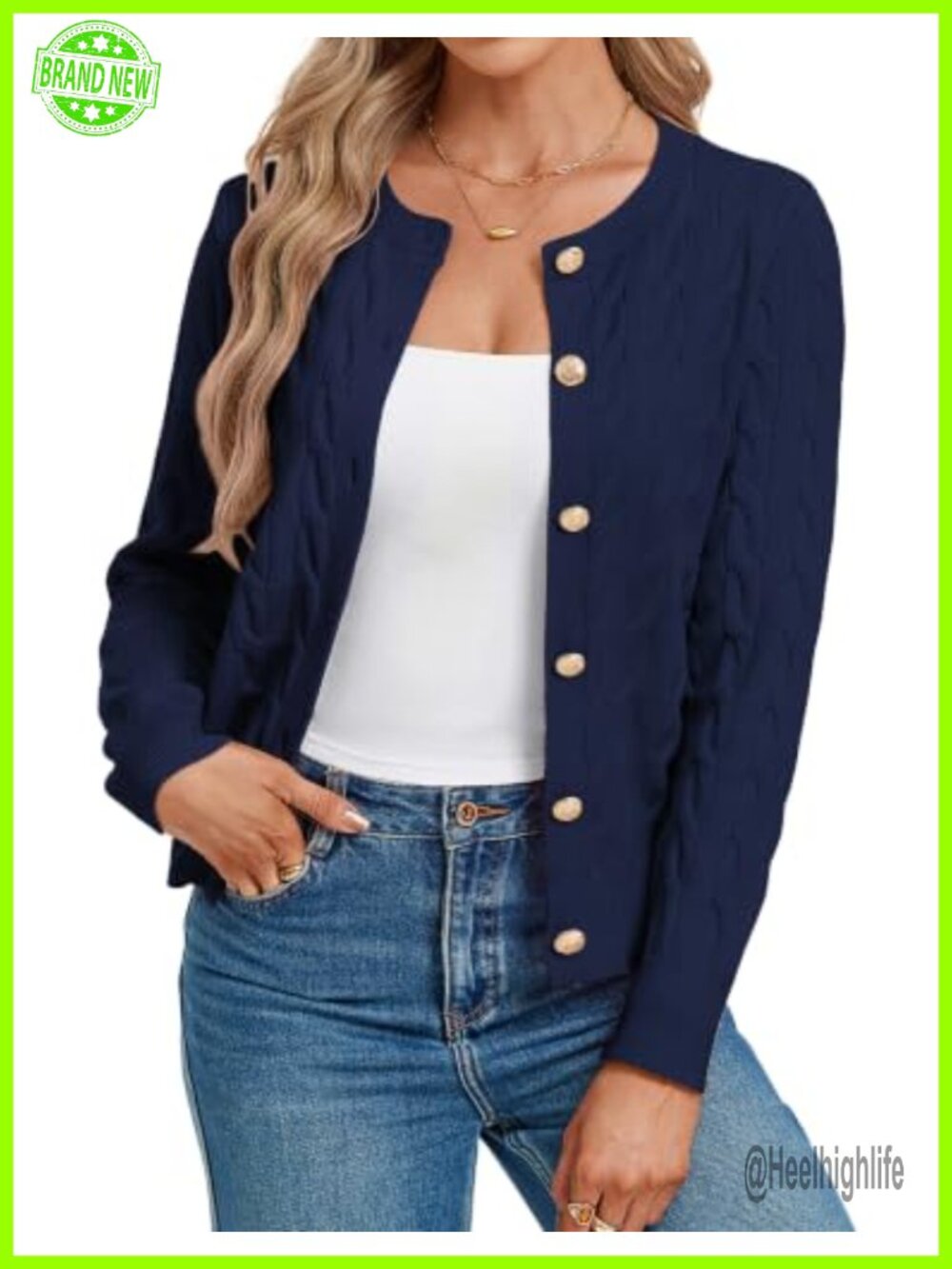 Womens Button Up Cable Knit Cardigan Crew Neck Long Sleeve Sweater